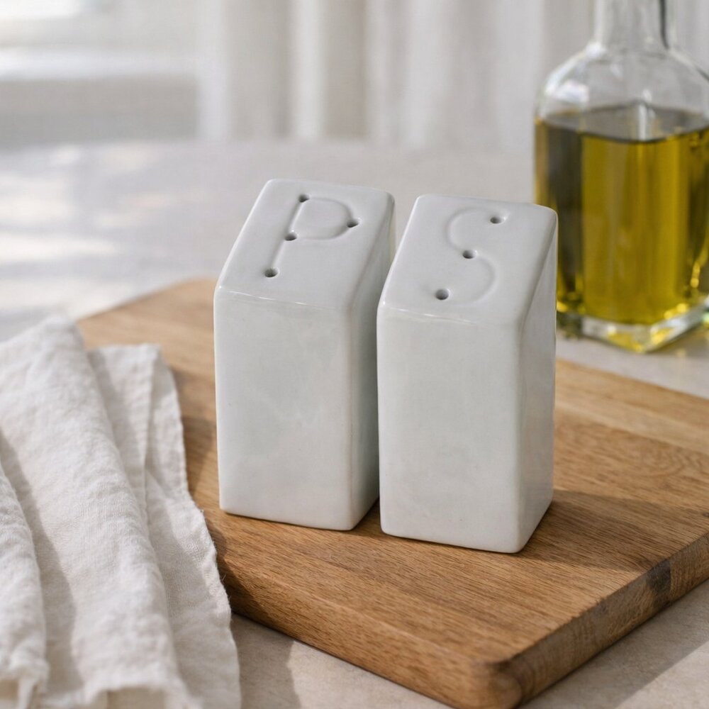 Vintage White Porcelain Block Salt Pepper Shakers MCM Farmhouse Diner Style